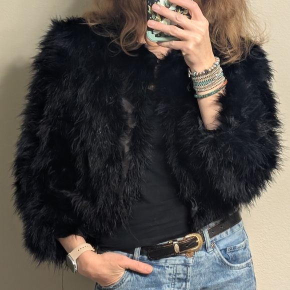 Alex Evenings Vintage Cropped Ostrich Feather Jacket Fluffy Teddy Jacket - Picture 10 of 10